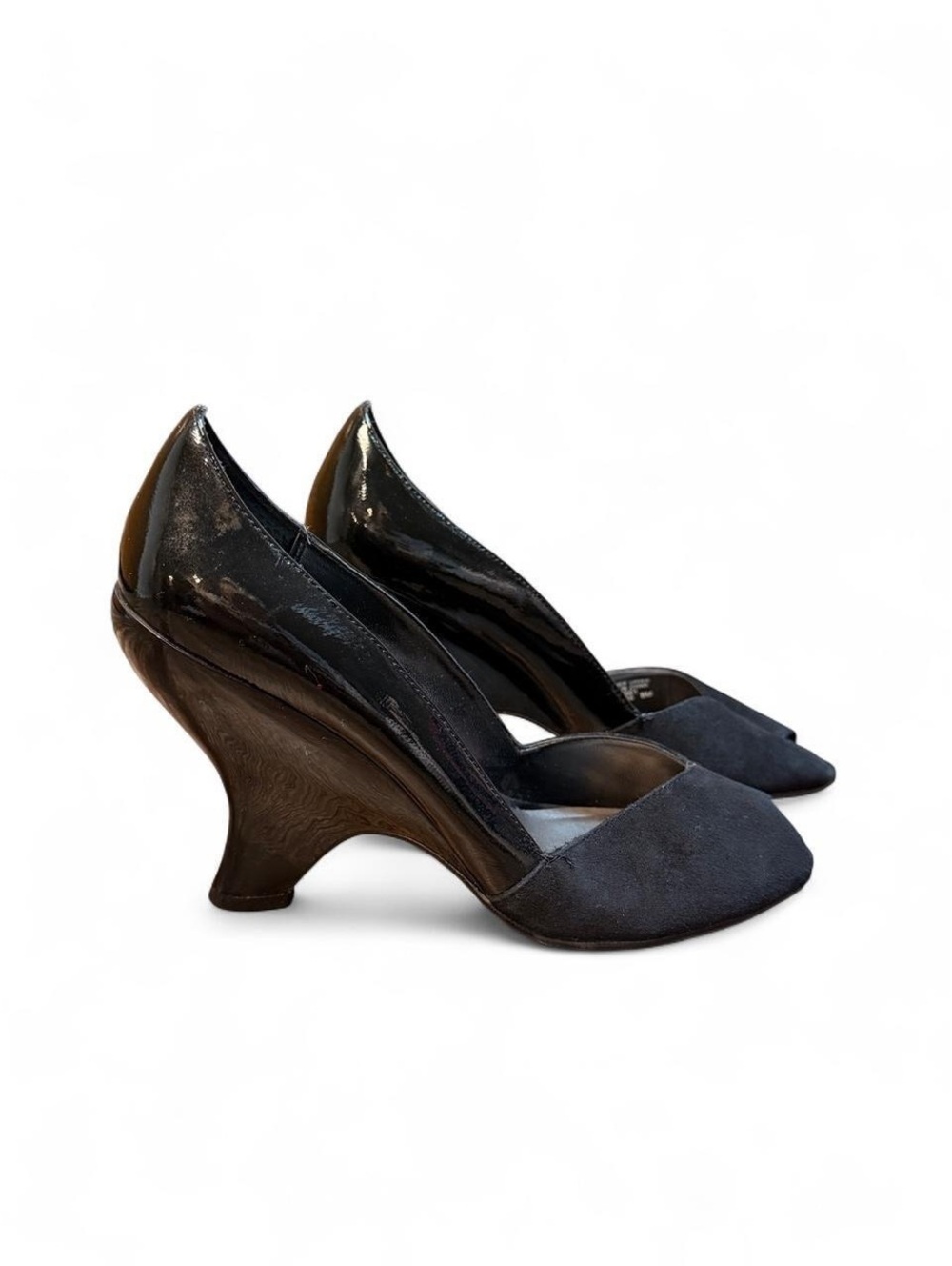 Franco Sarto L Canton Black Suede Patent Leather Wedge Pumps 8M
